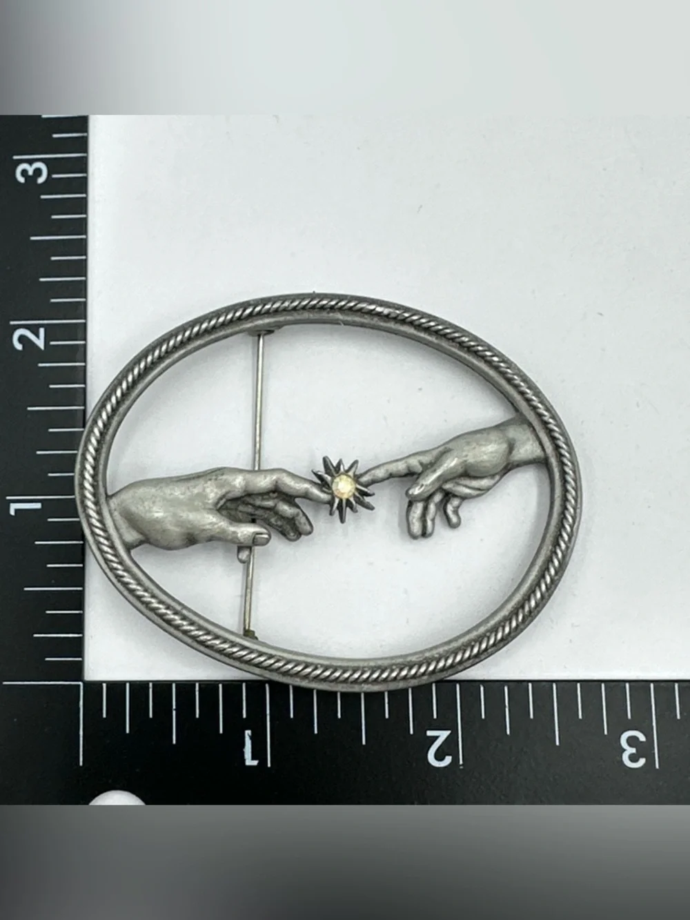 JJ Signed Vintage Creation of Adam Eve Da Vinci Hand of God Oval Pin Brooch